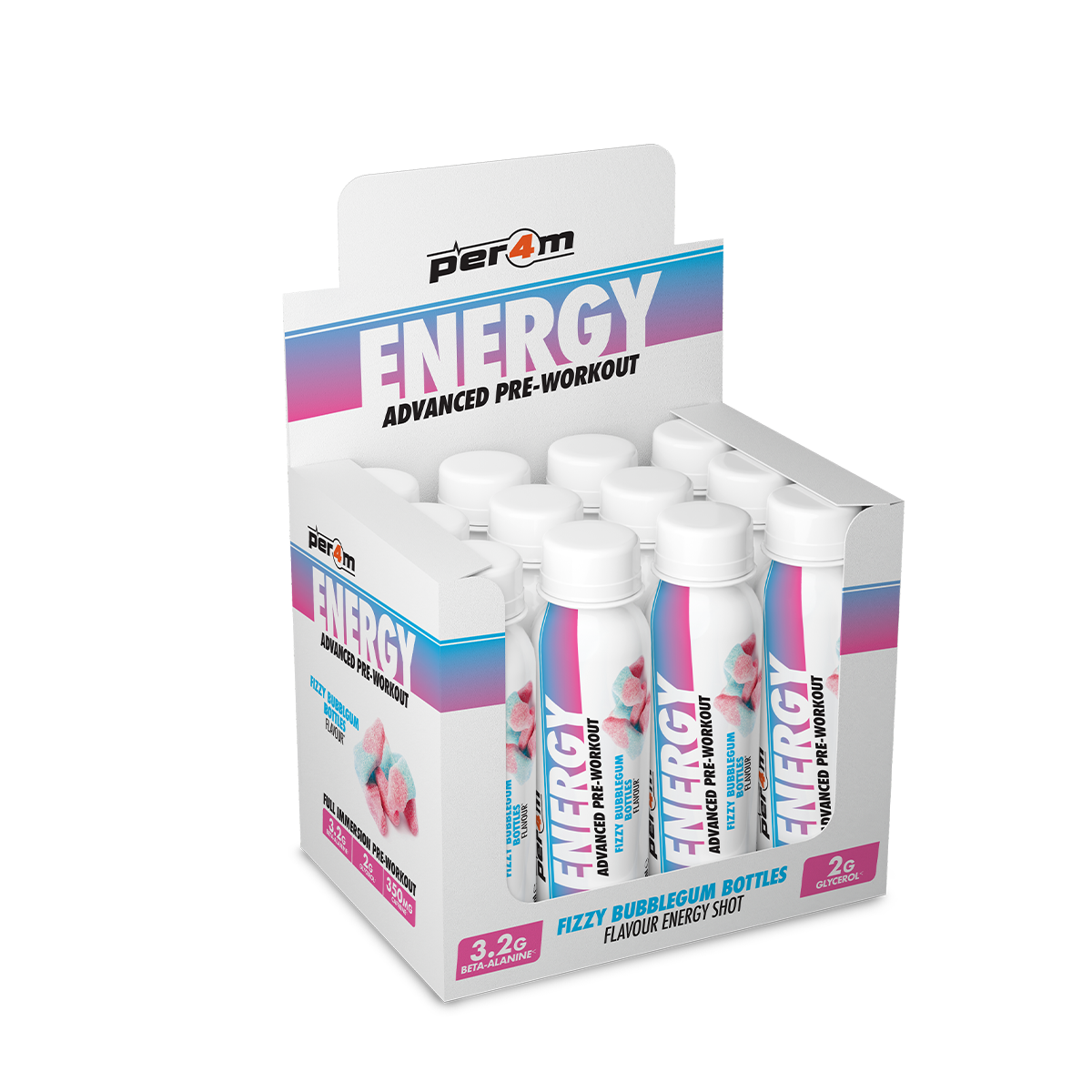 Per4m Energy Pre Workout Shot - Fizzy Bubblegum Bottles - 12x100ml
