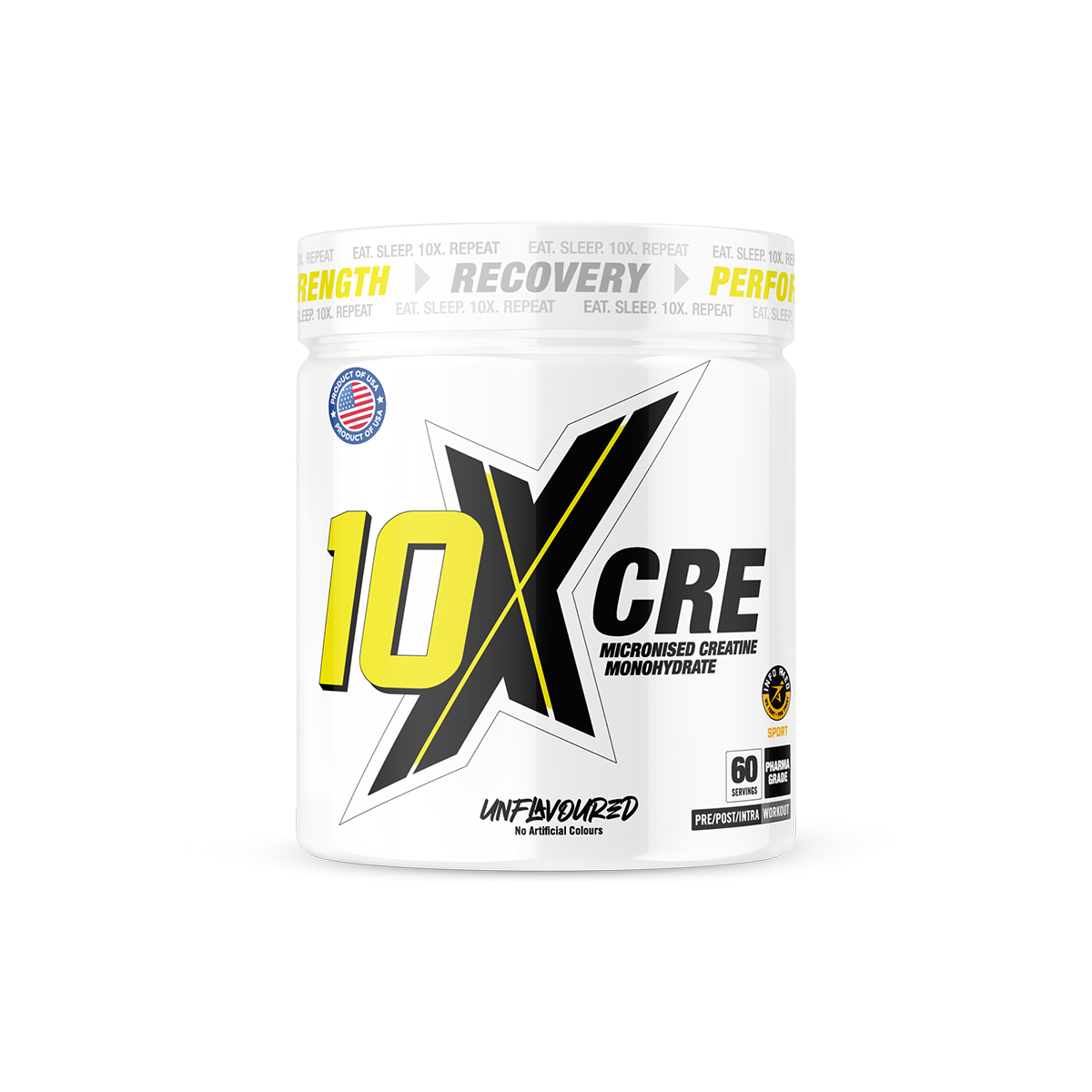 10x Athletics Creatine supplement bottle featuring premium creatine monohydrate for enhanced muscle performance, strength, and endurance. Ideal for athletes and fitness enthusiasts.