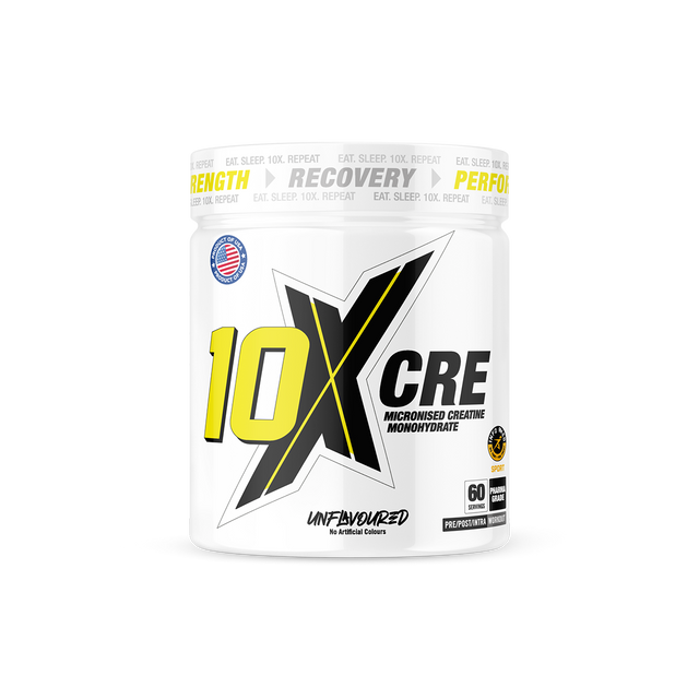 10x Athletics Creatine supplement bottle featuring premium creatine monohydrate for enhanced muscle performance, strength, and endurance. Ideal for athletes and fitness enthusiasts.