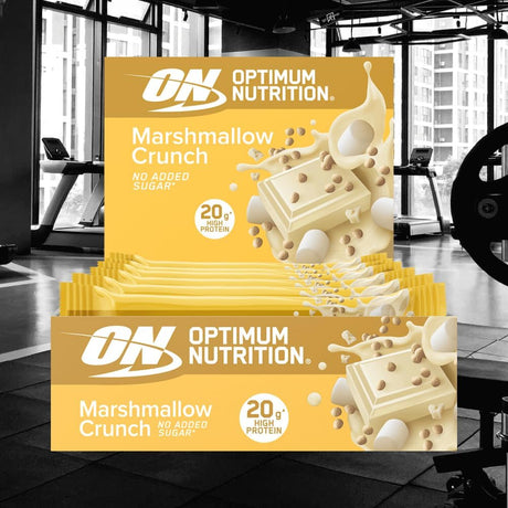 Alt text: "Optimum Nutrition Protein Crisp Bars in Chocolate Brownie Crunch flavor packaging, 20g protein, no added sugar