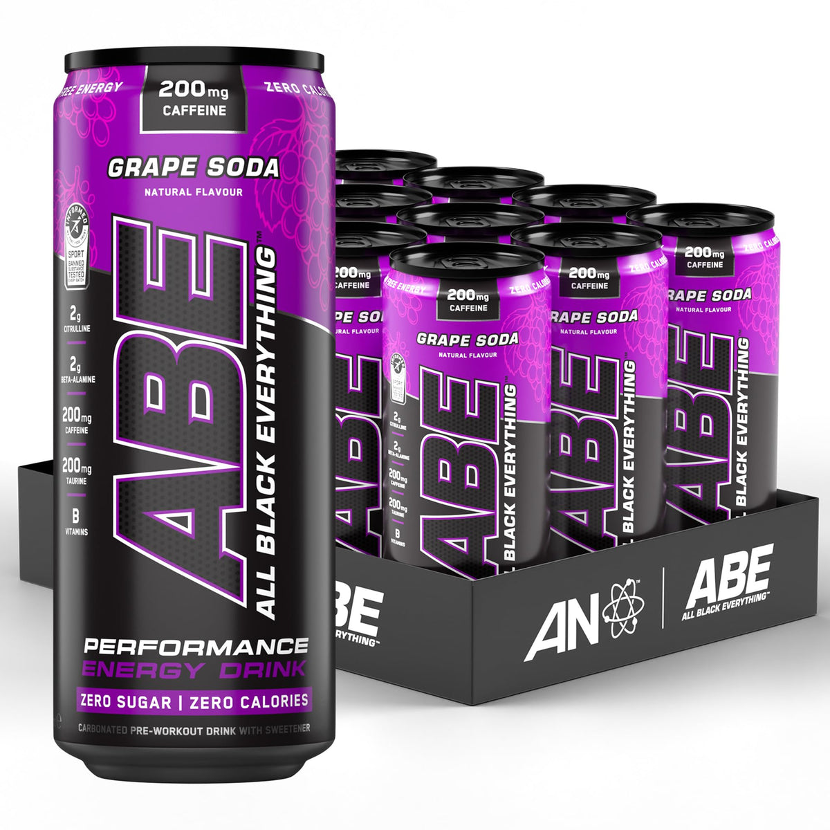 Applied Nutrition ABE (All Black Everything) Carbonated Can 12x330ml American Grape Soda