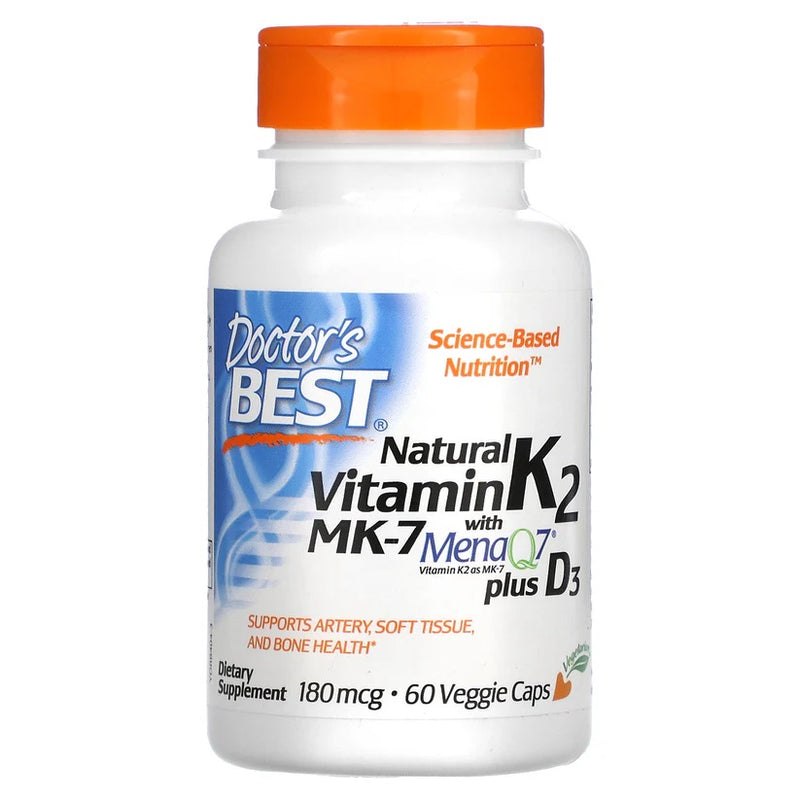 Natural Vitamin K2 MK7 with MenaQ7 plus D3 - 180mcg - 60 vcaps