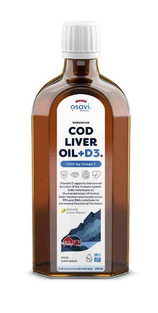 Norwegian Cod Liver Oil + D3 - 1000mg Omega 3 (Lemon) - 250 ml.